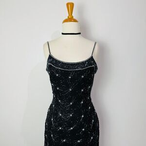 Vintage 90s Y2K Adrianna Papell Boutique Black Beaded Silk Long Maxi Dress